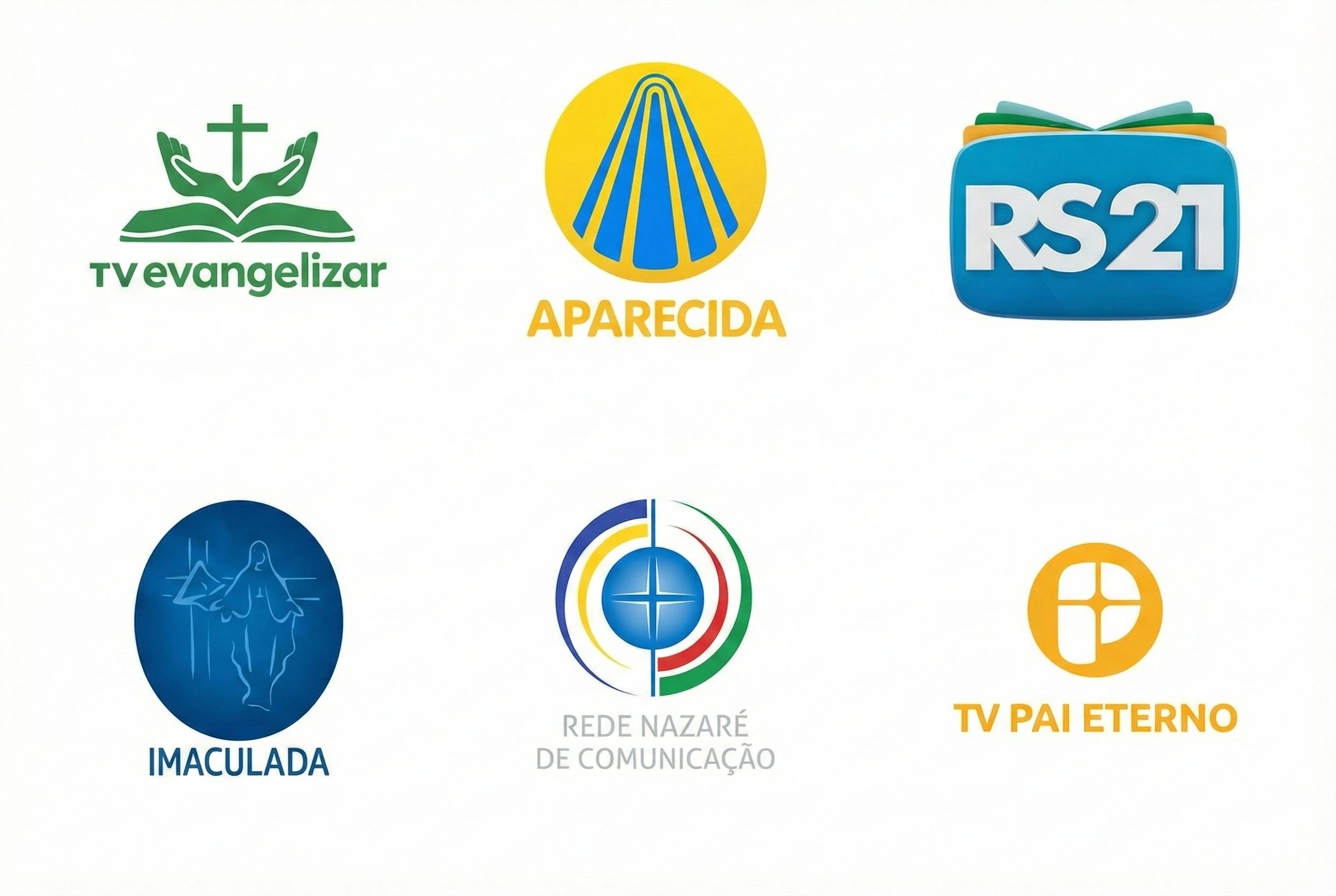 Logos de canais religiosos: TV Evangelizar, Aparecida, RS21, Imaculada, Rede Nazaré, TV Pai Eterno